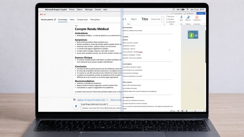 Interface Microsoft Dragon Copilot affichant un compte rendu médical structuré sur un MacBook.