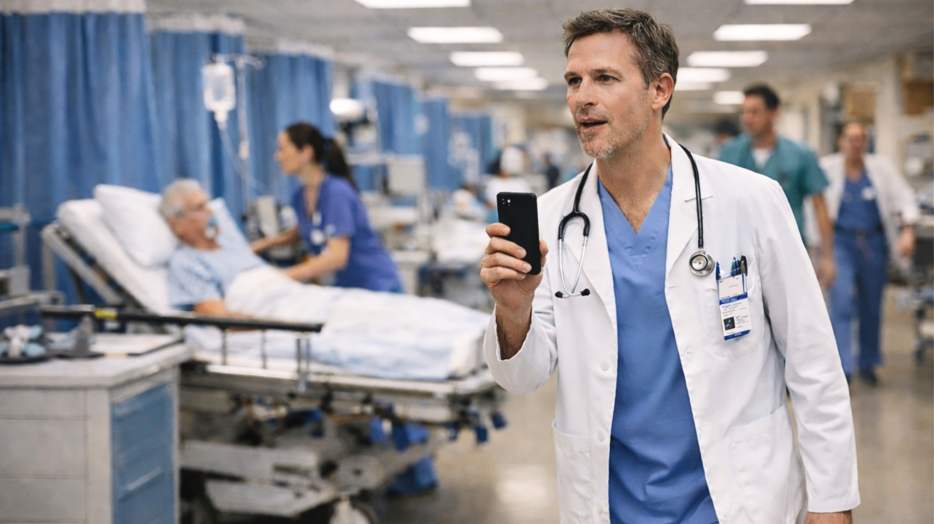Médecin utilisant son smartphone dans un couloir hospitalier, illustrant la mobilité de Dragon Copilot.