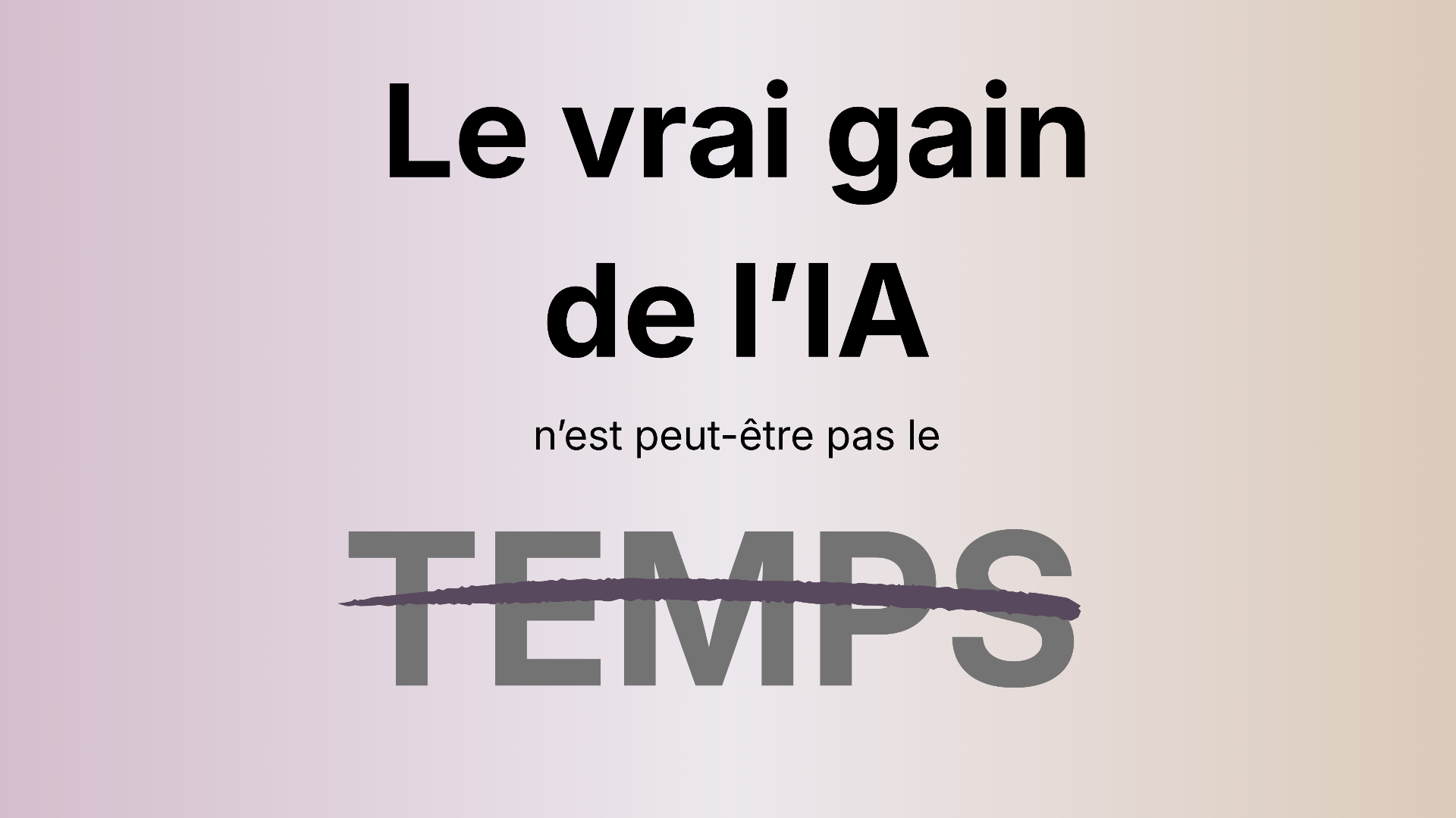 Affiche minimaliste : Le vrai gain de l'IA n'est peut-être pas le temps, avec le mot TEMPS barré.
